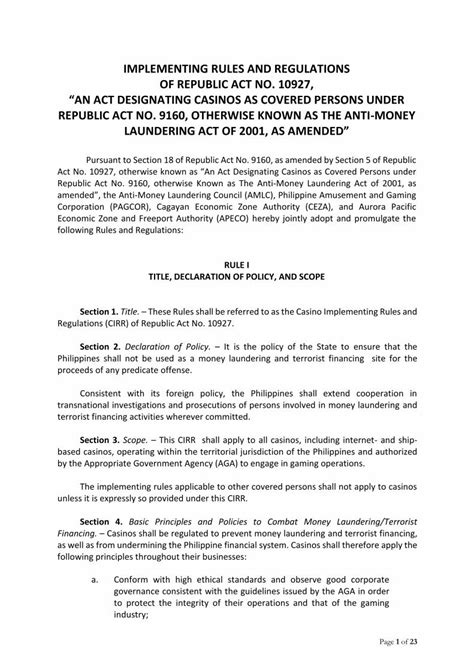 Casino Implementing Rules and Regulations of Republic .
